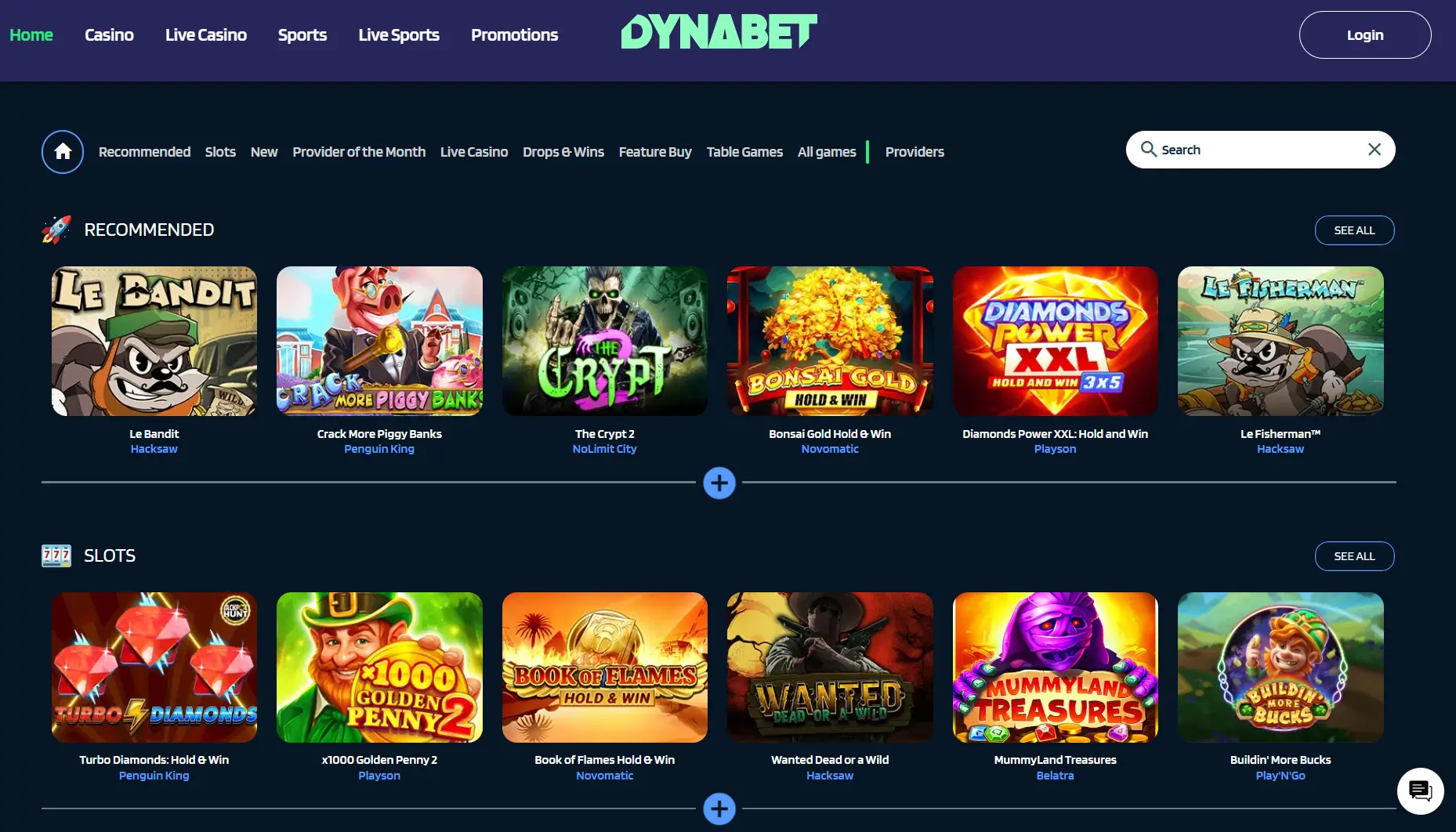 Dynabet kasiino lobby soovitatud slotimängude ja populaarsete mängudega